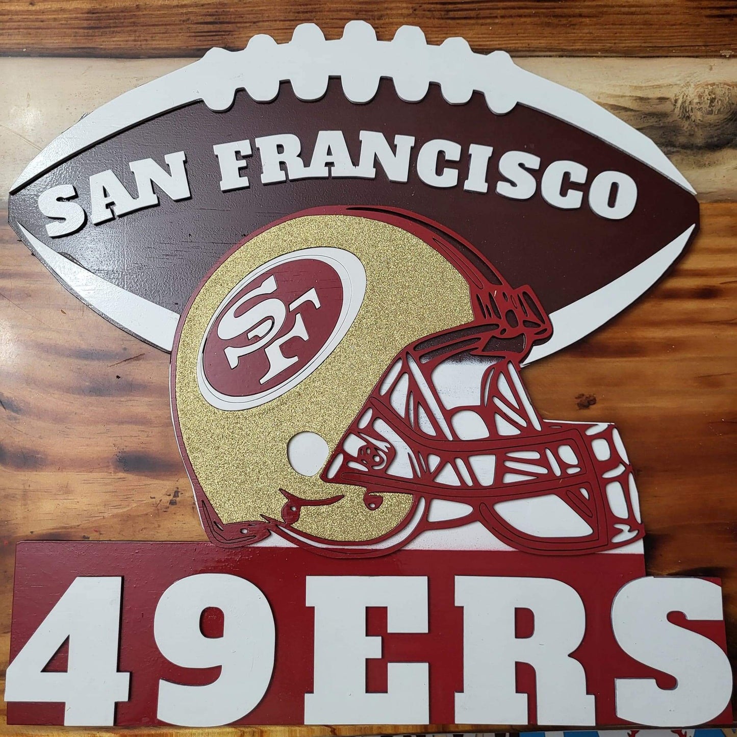 49ers football sign featuring San Francisco logo and helmet, perfect for Super Bowl decor and NFL sports fans.