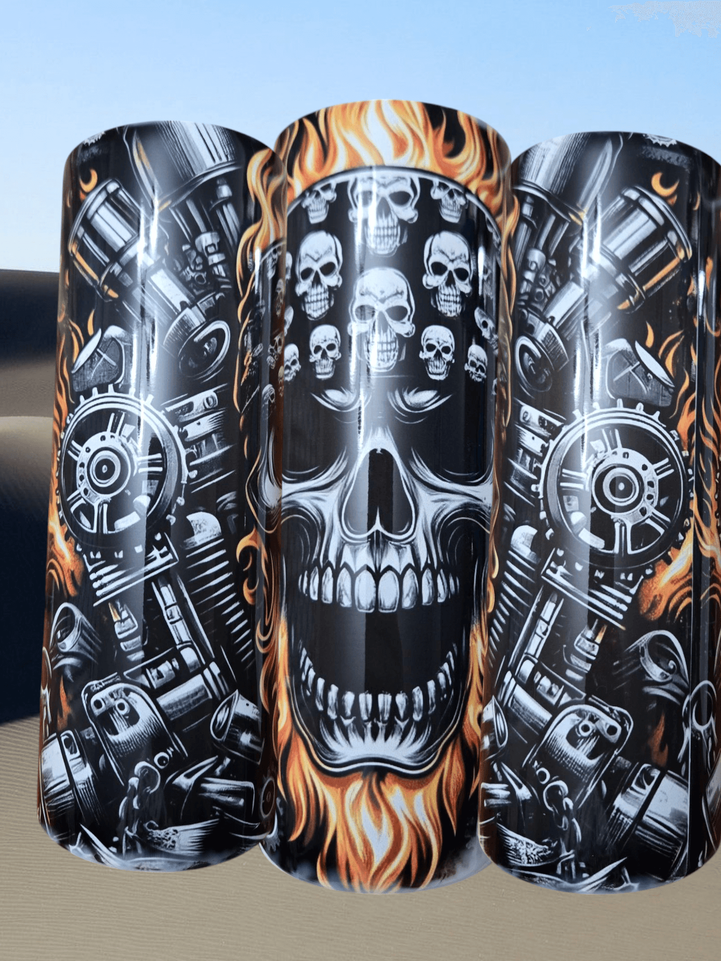 Skull Biker Flames 20oz Tumbler Cups featuring vivid skull and flame graphics, perfect for hot or cold drinks on the go.