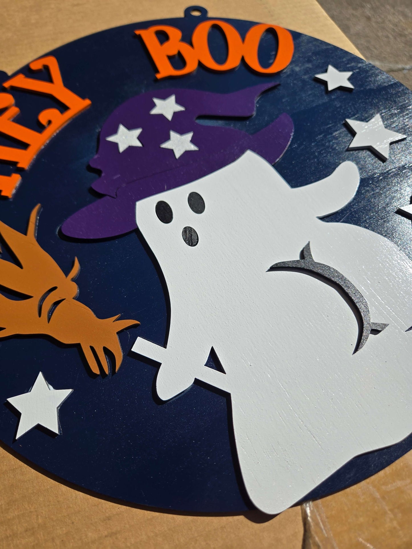 Hey boo ghost wooden sign with witch hat and broom, perfect for Halloween decor.