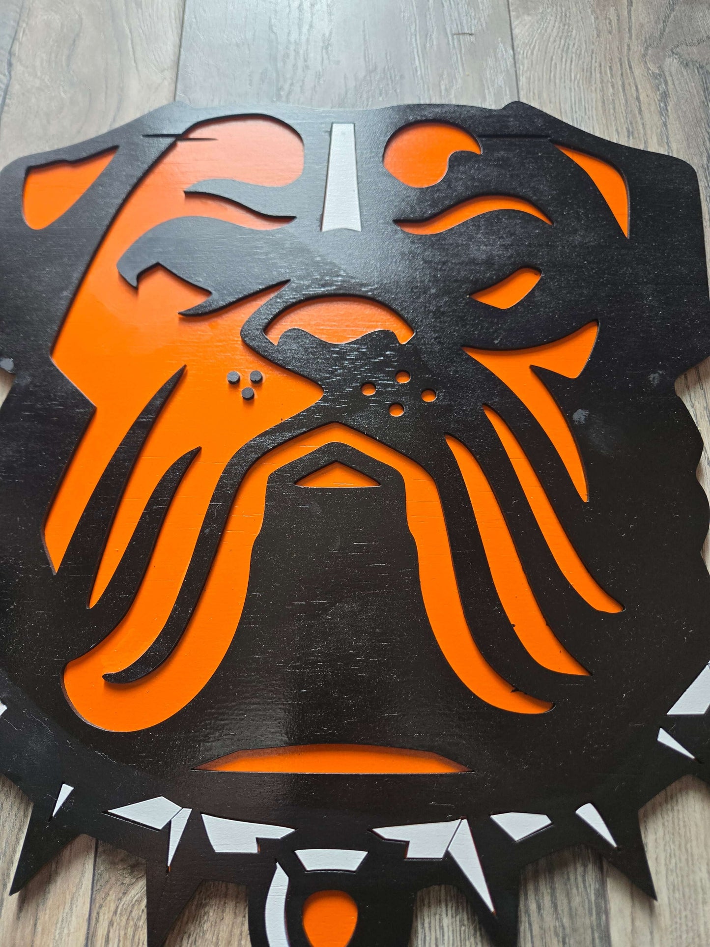 Cleveland Browns dog wooden decor sign featuring a bold black and orange dog design