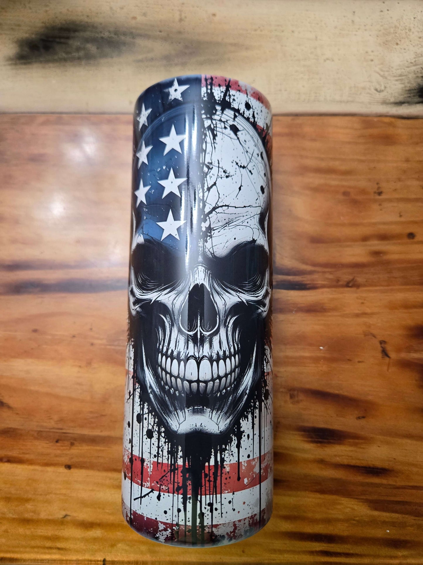American Flag Skull 20oz tumbler cup featuring a biker design, perfect for hot or cold drinks on the go.