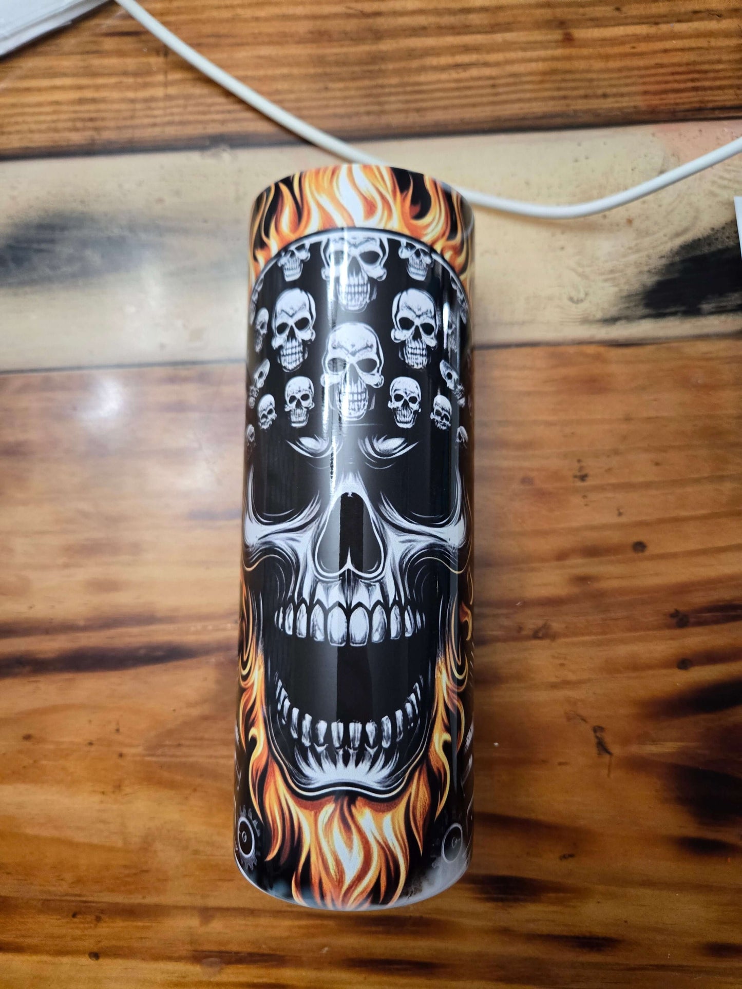 Skull Biker Flames 20oz tumbler cup featuring vivid skull and flame graphics, perfect for travel drinks.