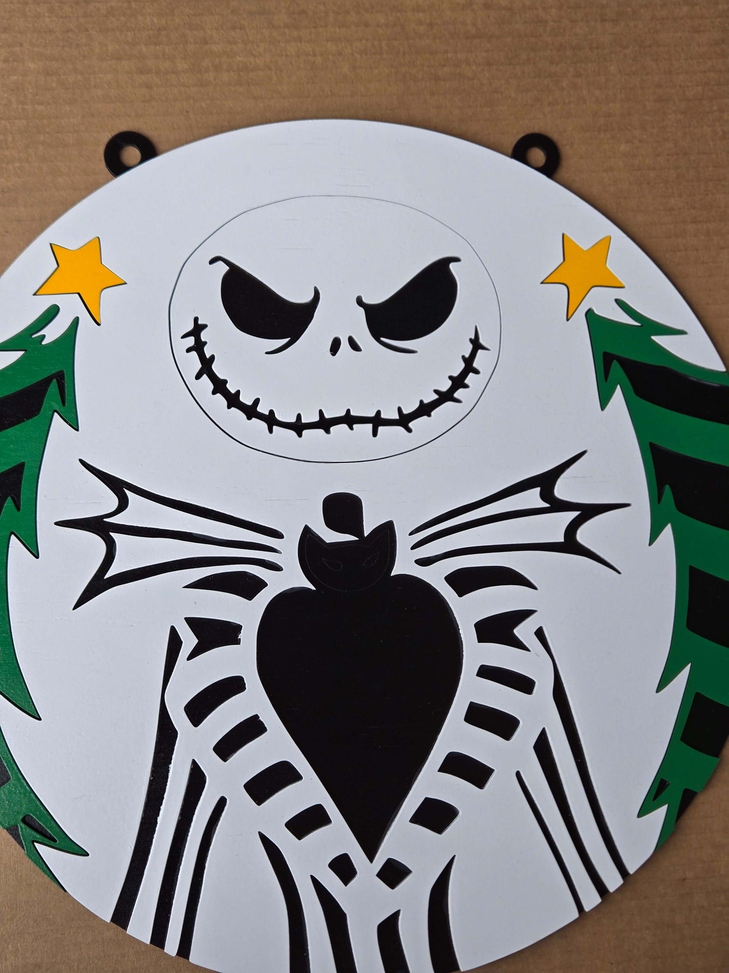 Jack the Skeleton Halloween and Christmas decor sign with intricate detailing and whimsical charm.
