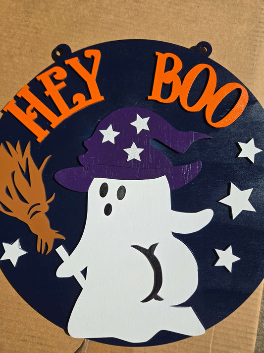 Hey Boo ghost wooden decor sign with witch hat and broom for Halloween charm.