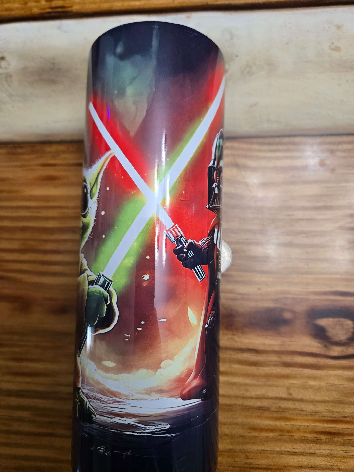 Star Wars 20oz tumbler cup featuring Yoda and Darth Vader engaged in lightsaber battle.