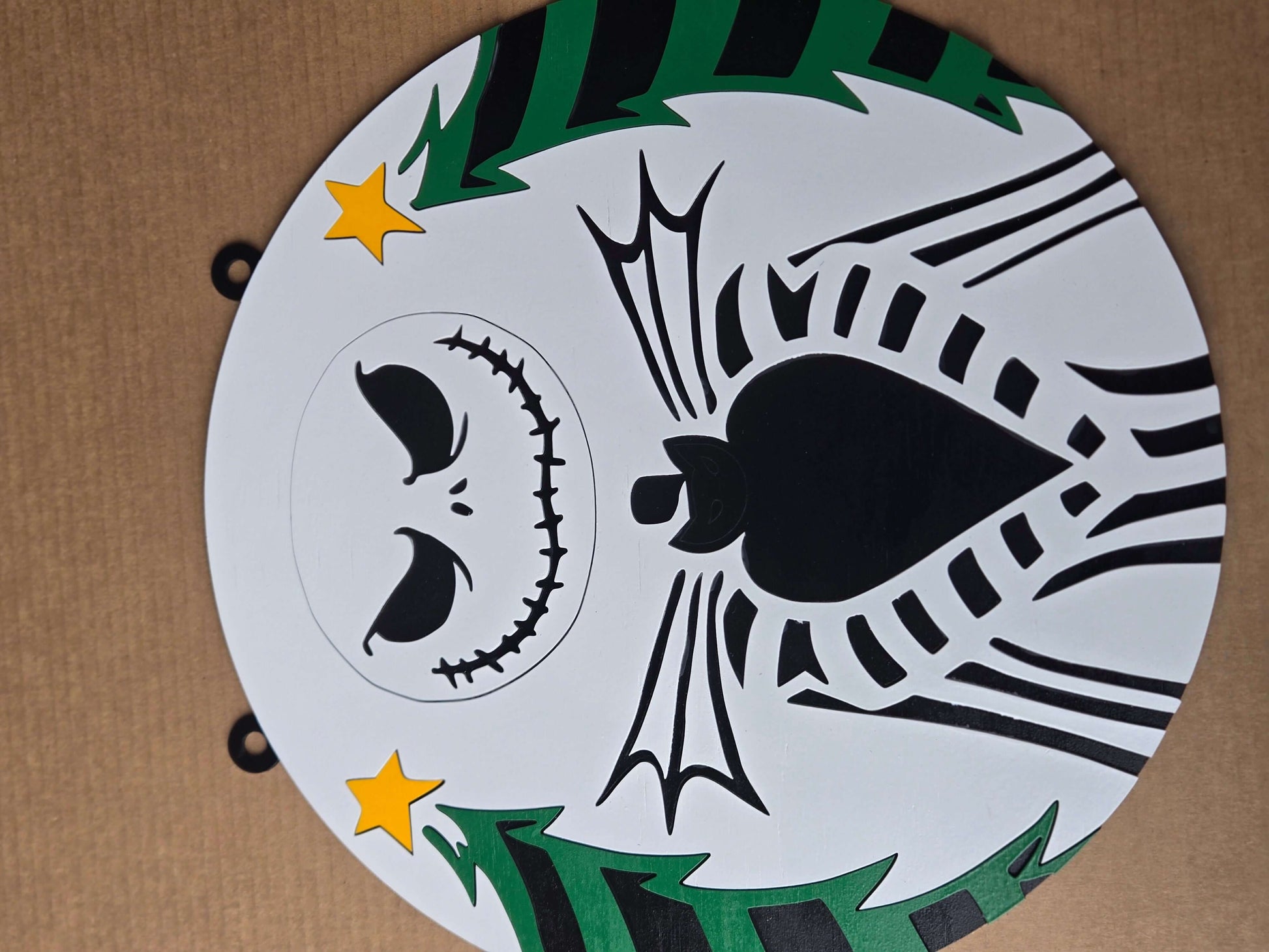 Jack the Skeleton Halloween and Christmas decor sign with intricate detailing and whimsical design.