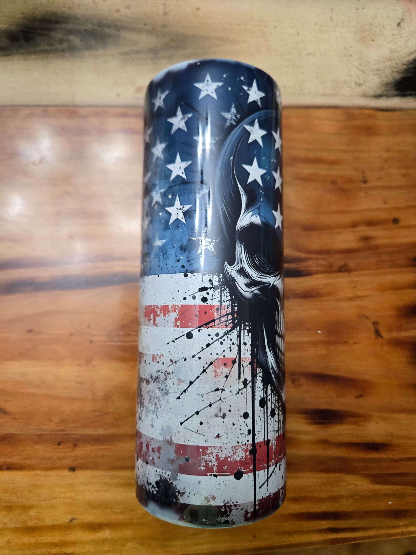 American Flag Skull 20oz tumbler cup, stylish drinkware for bikers, perfect for hot and cold beverages on the go.