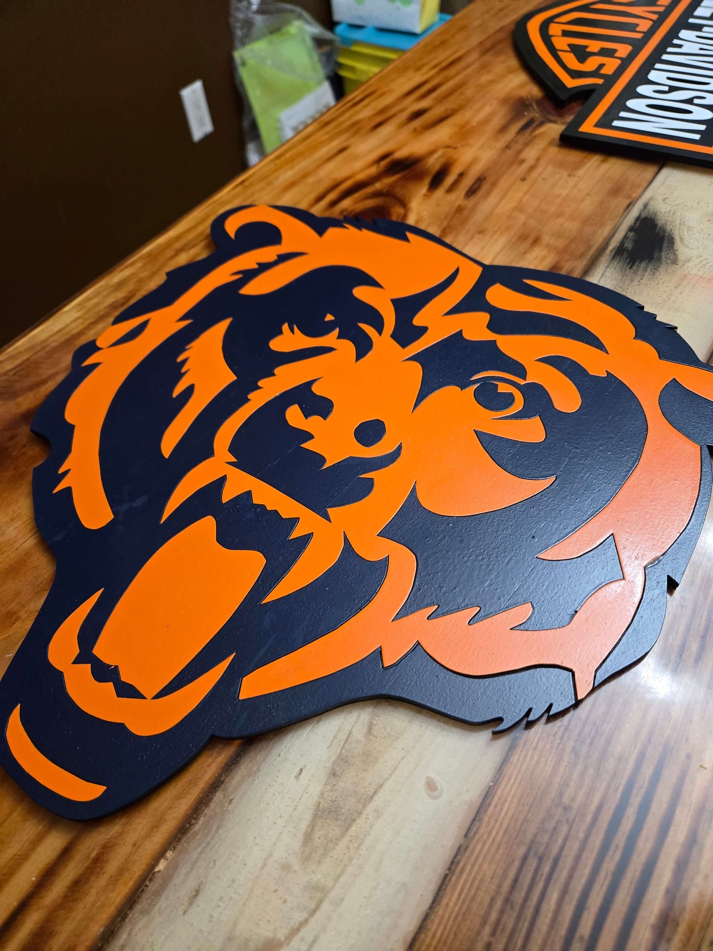 Handcrafted Bears football wooden sign featuring the iconic Bears logo, perfect for sports fans.