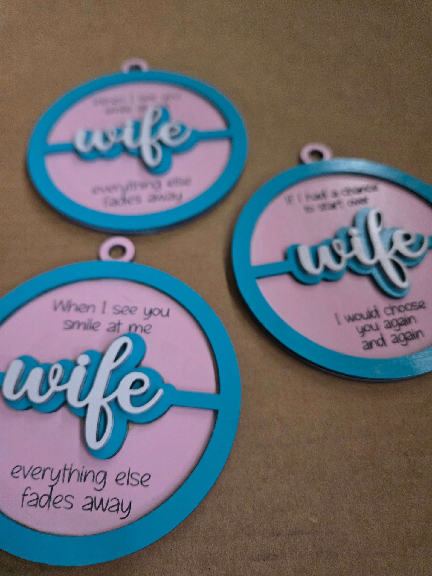 Handcrafted Christmas ornaments with heartfelt wife quotes, perfect for celebrating love and devotion.