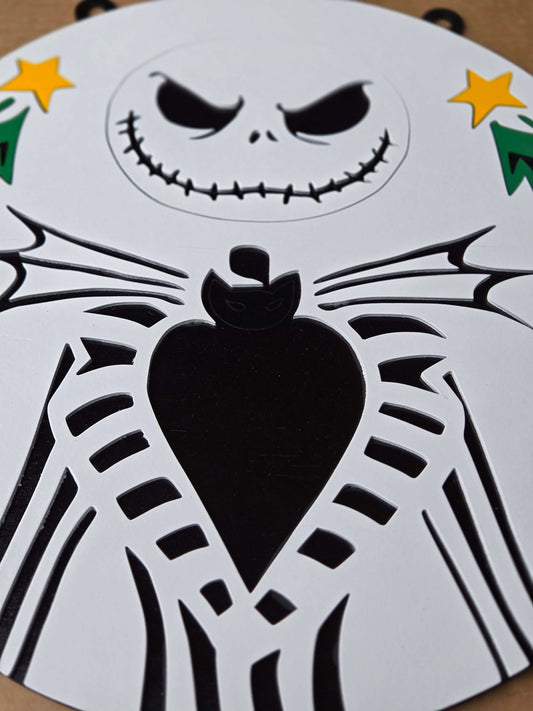 Jack the Skeleton Halloween and Xmas decor sign featuring intricate detailing and whimsical essence.