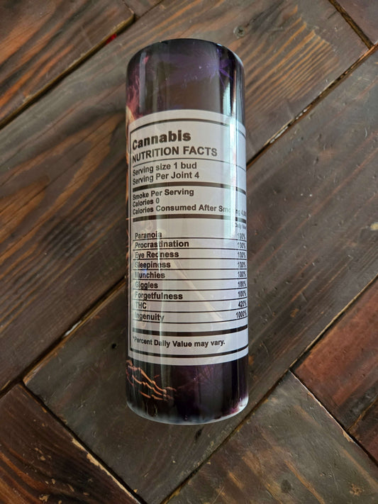 Cannabis packaging showing nutrition facts and serving information on a wooden surface.