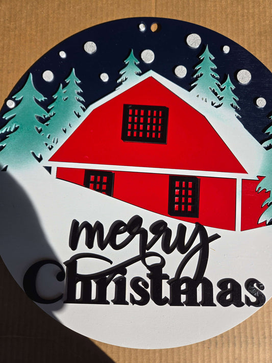 Merry Christmas wooden decor sign featuring a red cabin and snow-covered trees, perfect for festive home decoration.