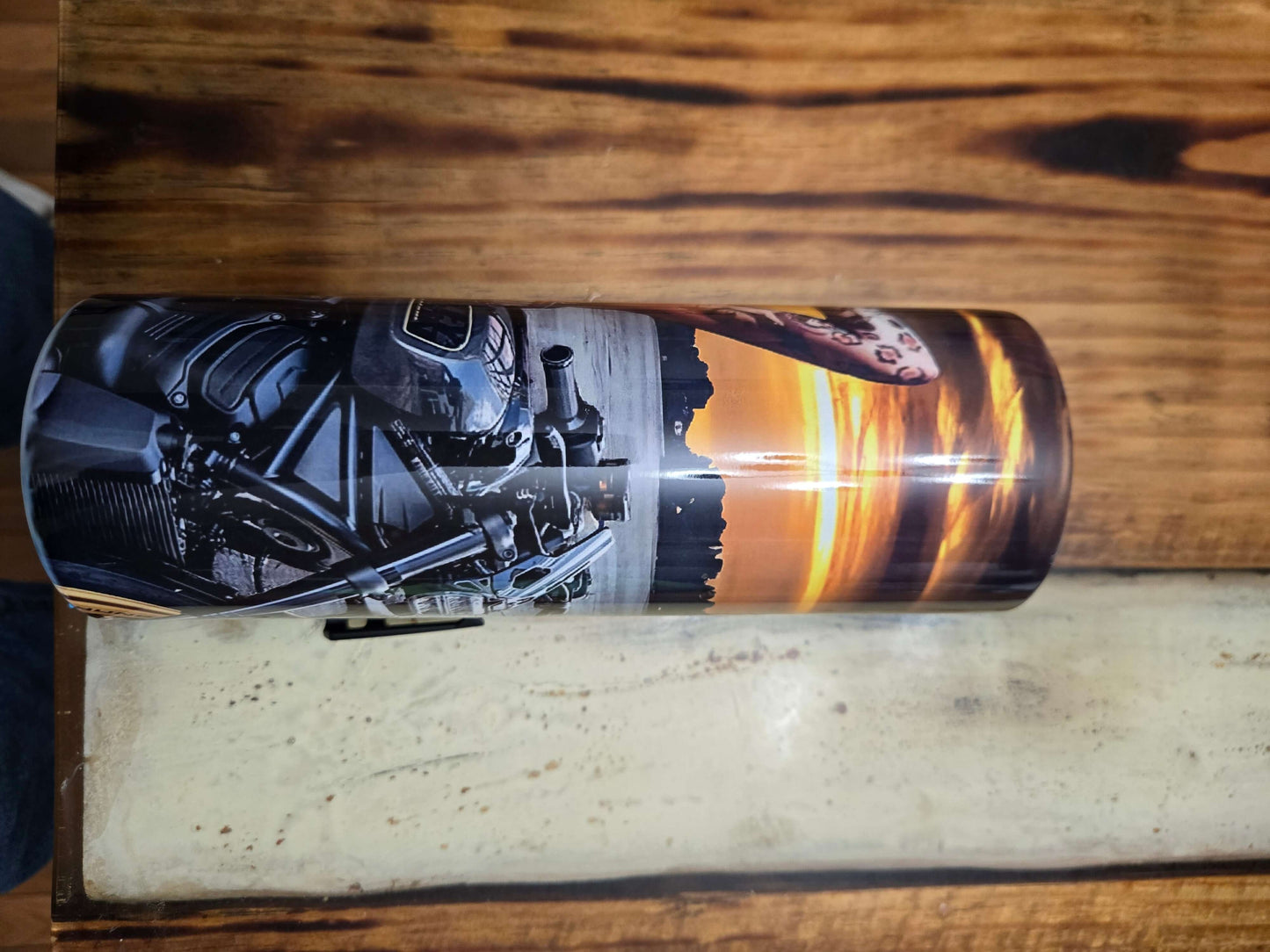 Harley Biker Chick 20oz tumbler showcasing motorcycle and sunset graphics, perfect for hot or cold drinks on the go.