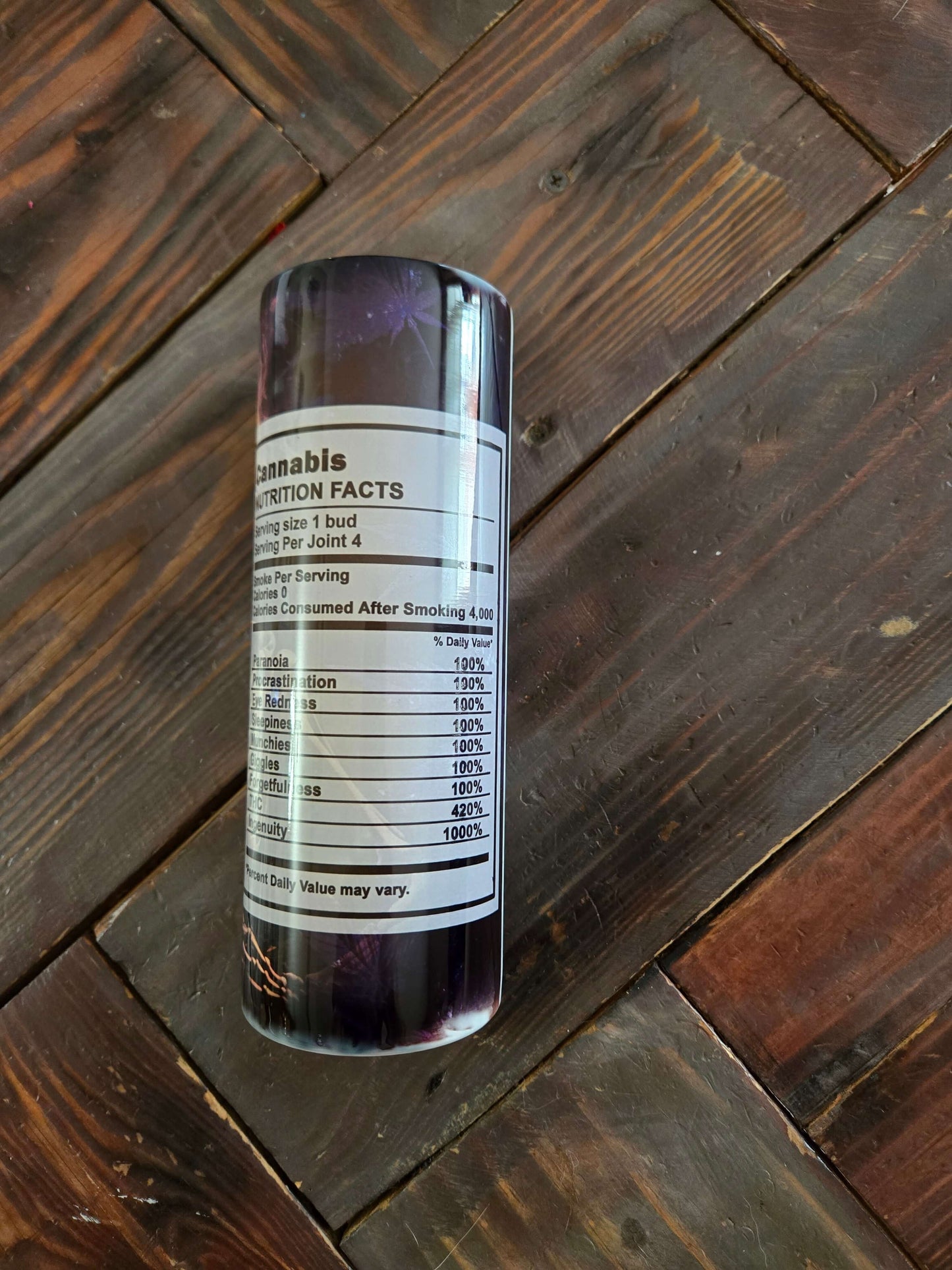 Nutrition facts label on a cannabis product displayed on a wooden surface.