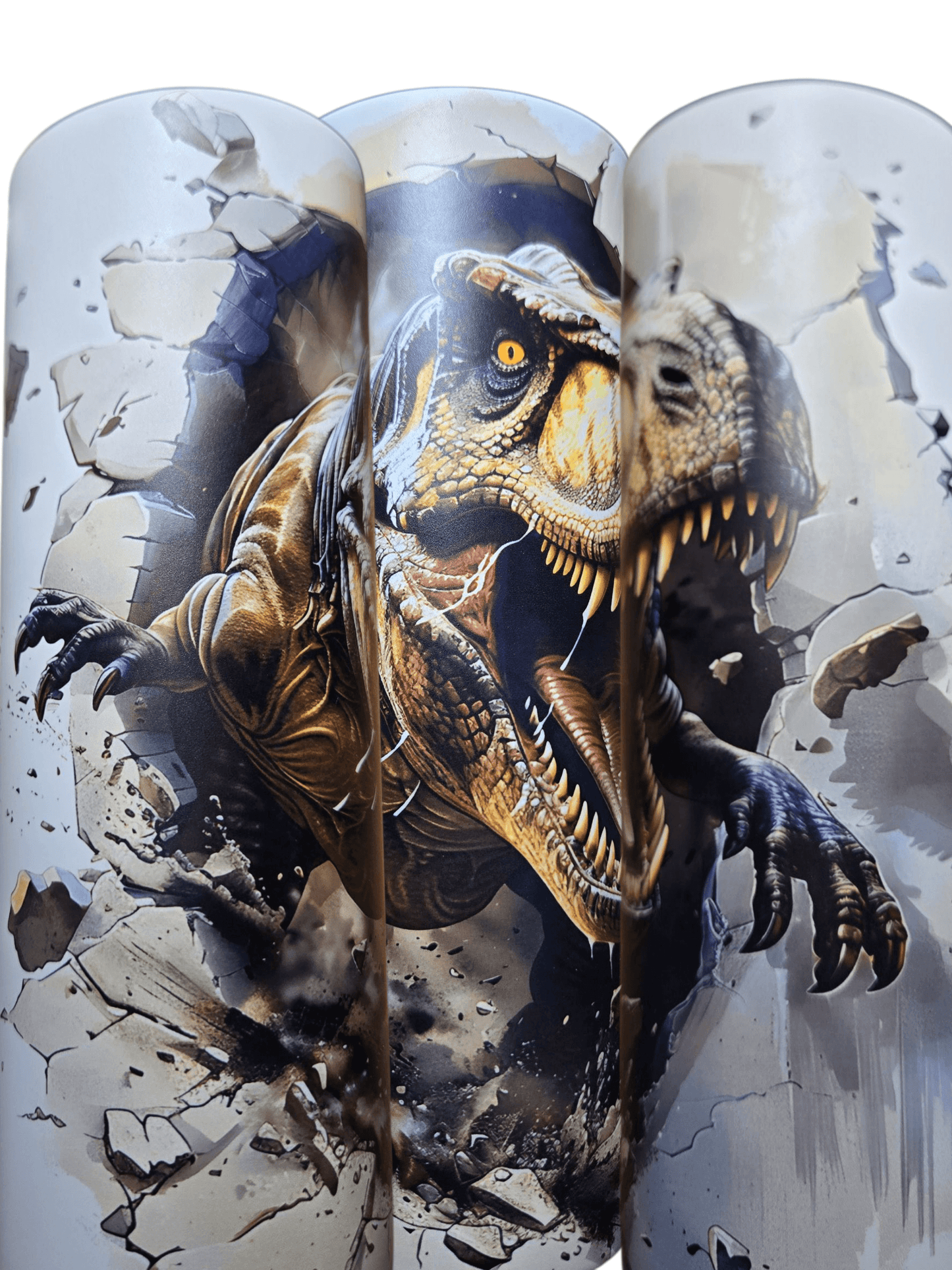 Detailed T-Rex design on glow in the dark tumbler cups, perfect for dinosaur lovers.