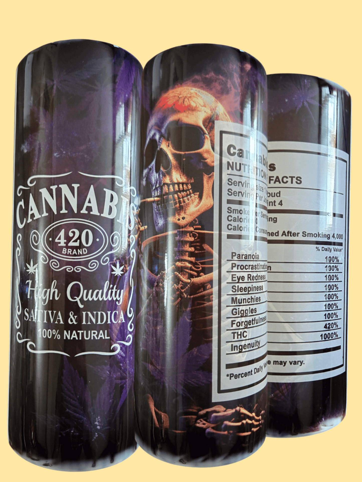 Unique cannabis tumbler cup featuring a skull smoking weed design with vibrant colors and nutritional facts.