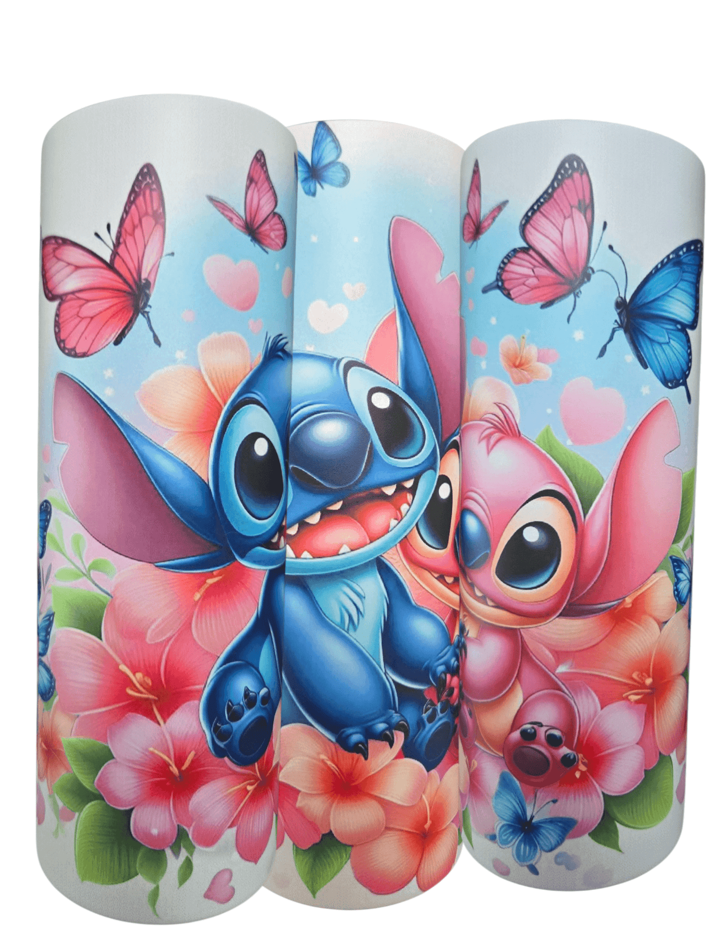 Colorful Stitch and Angle 20oz tumbler cups featuring floral designs and butterflies.