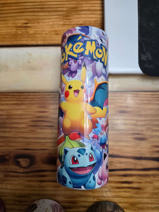Colorful Pokémon tumbler cup featuring Pikachu, Bulbasaur, and other popular Pokémon characters.