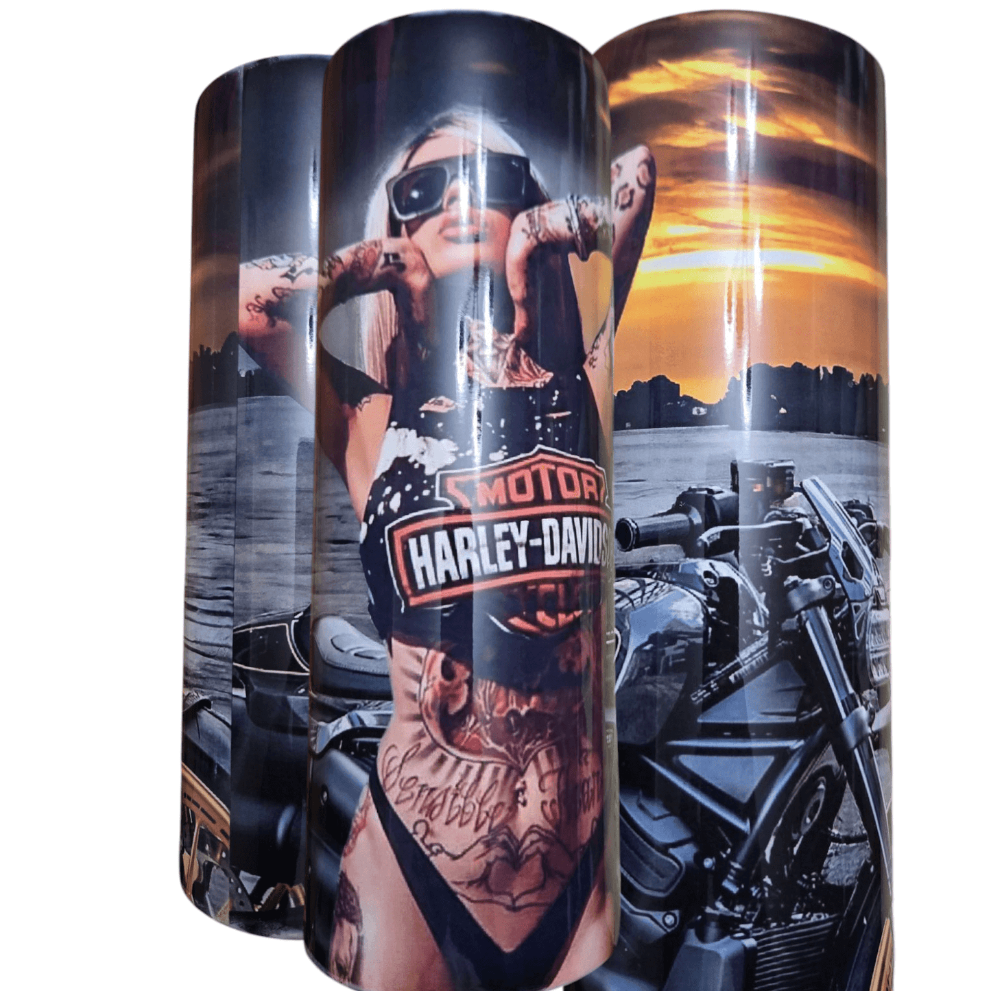 Harley Davidson biker tumbler cups featuring a tattooed woman with sunglasses and a scenic background.