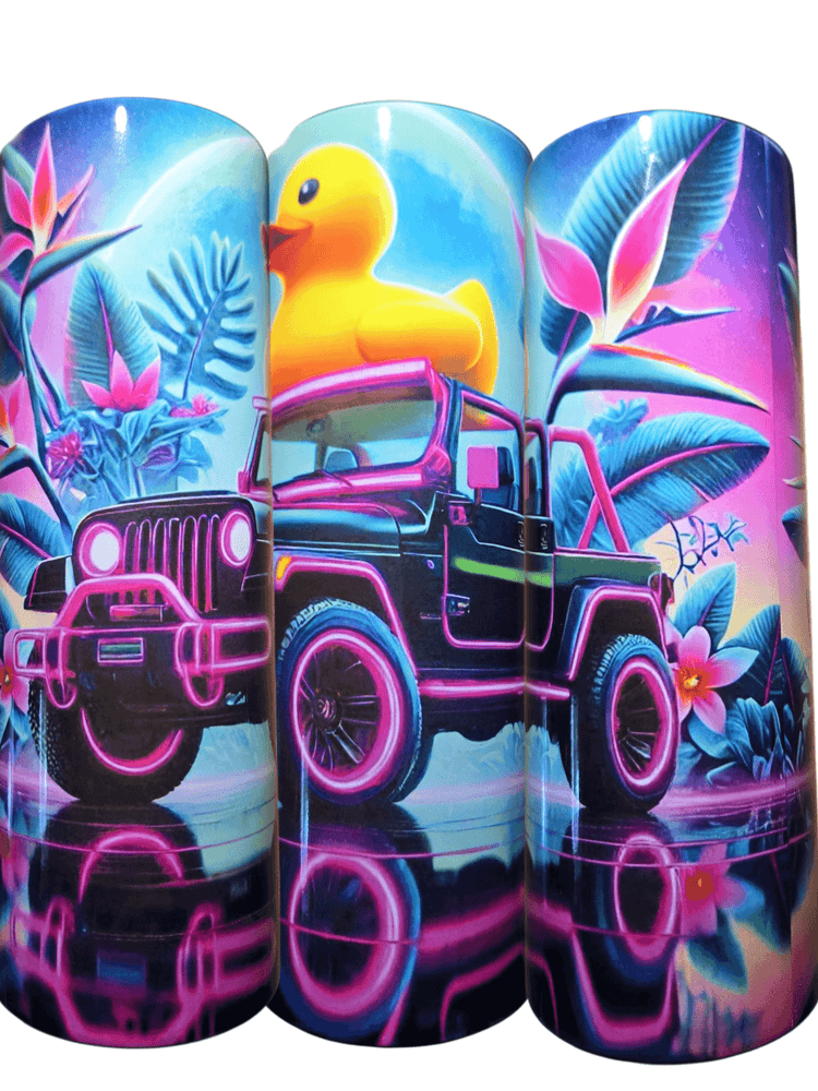 Colorful tumbler cups featuring a neon jeep and rubber duck, surrounded by tropical plants and vibrant flowers.