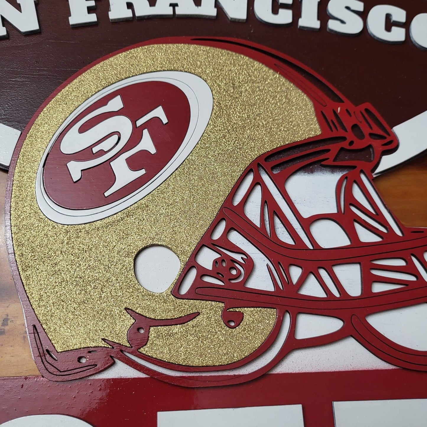 49ers football helmet sign in gold and red for Super Bowl home decor and NFL sports fans