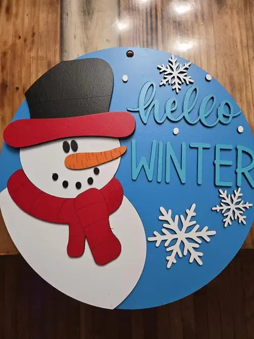 Hello winter snowman wooden decor sign