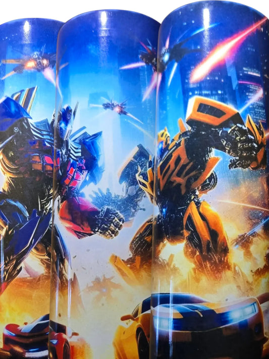 Vibrant artwork of Bumblebee and Optimus Prime in an action-packed Transformers scene on a stainless steel tumbler.