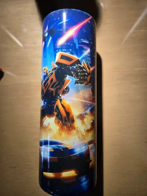 Premium Bumblebee tumbler featuring vibrant Transformers Prime artwork, ideal for keeping drinks hot or cold.