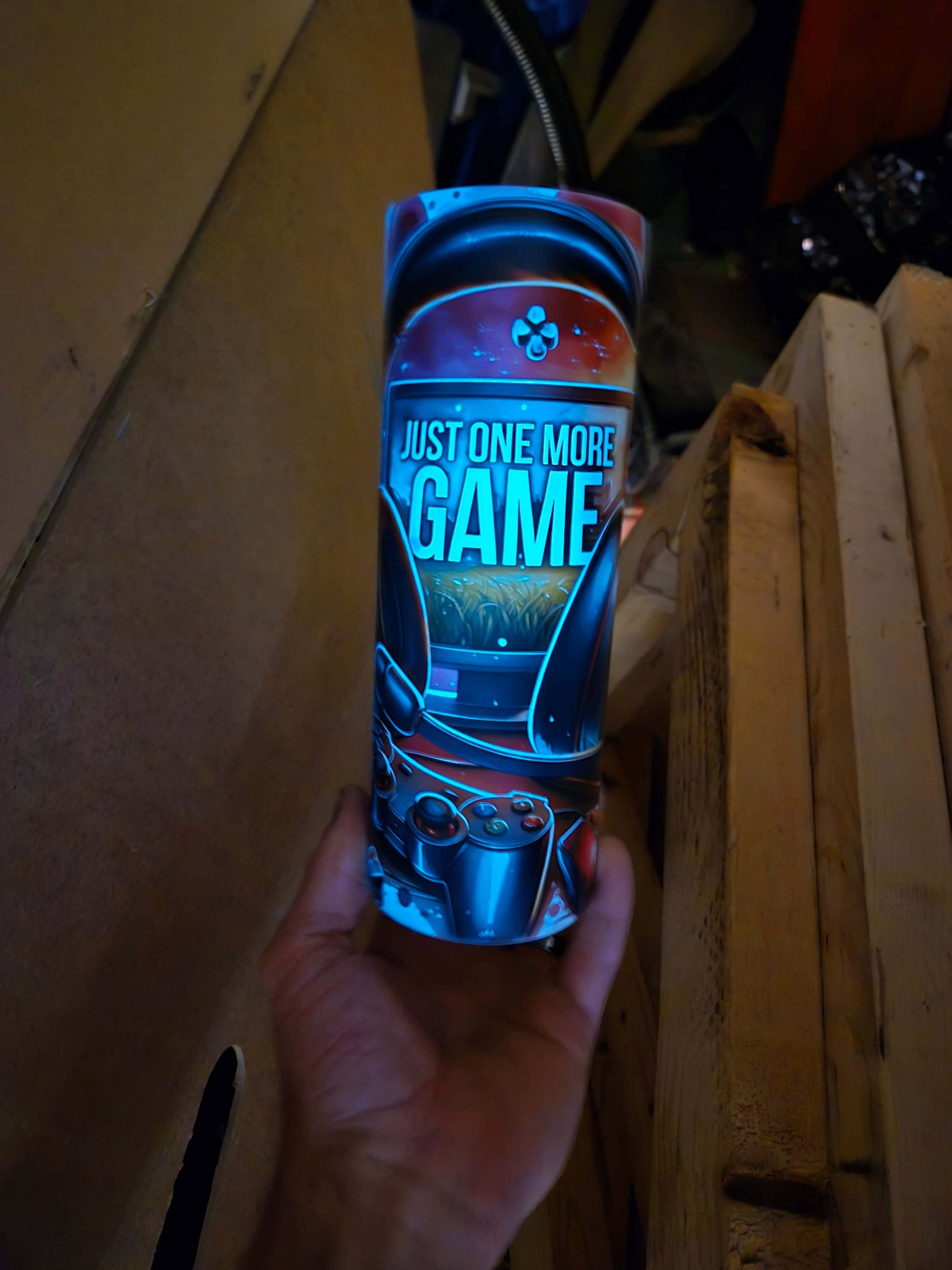 Gamer style custom 20oz tumbler cup with the phrase 'Just One More Game' displayed prominently.