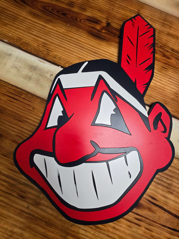 Indians head Cleveland baseball wooden decor sign with red and black colors on a rustic wood background