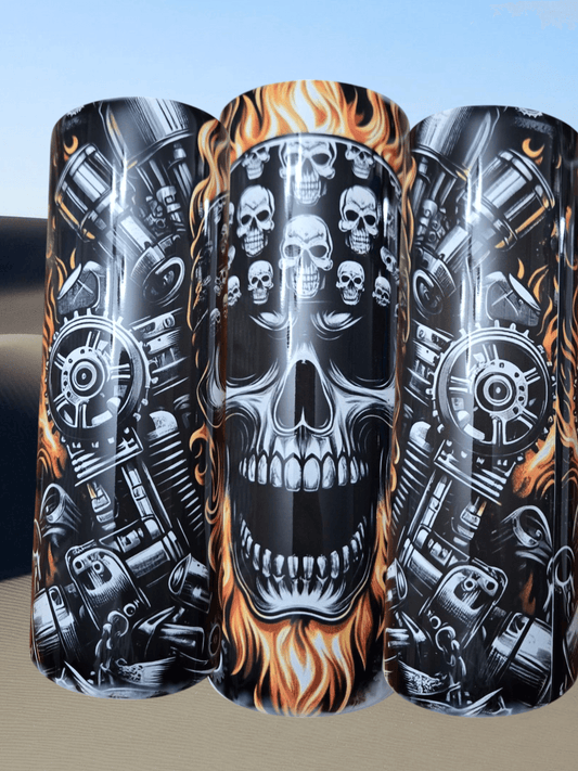 Skull Biker Flames 20oz Tumbler Cups featuring vivid skull and flame graphics, perfect for hot or cold drinks on the go.