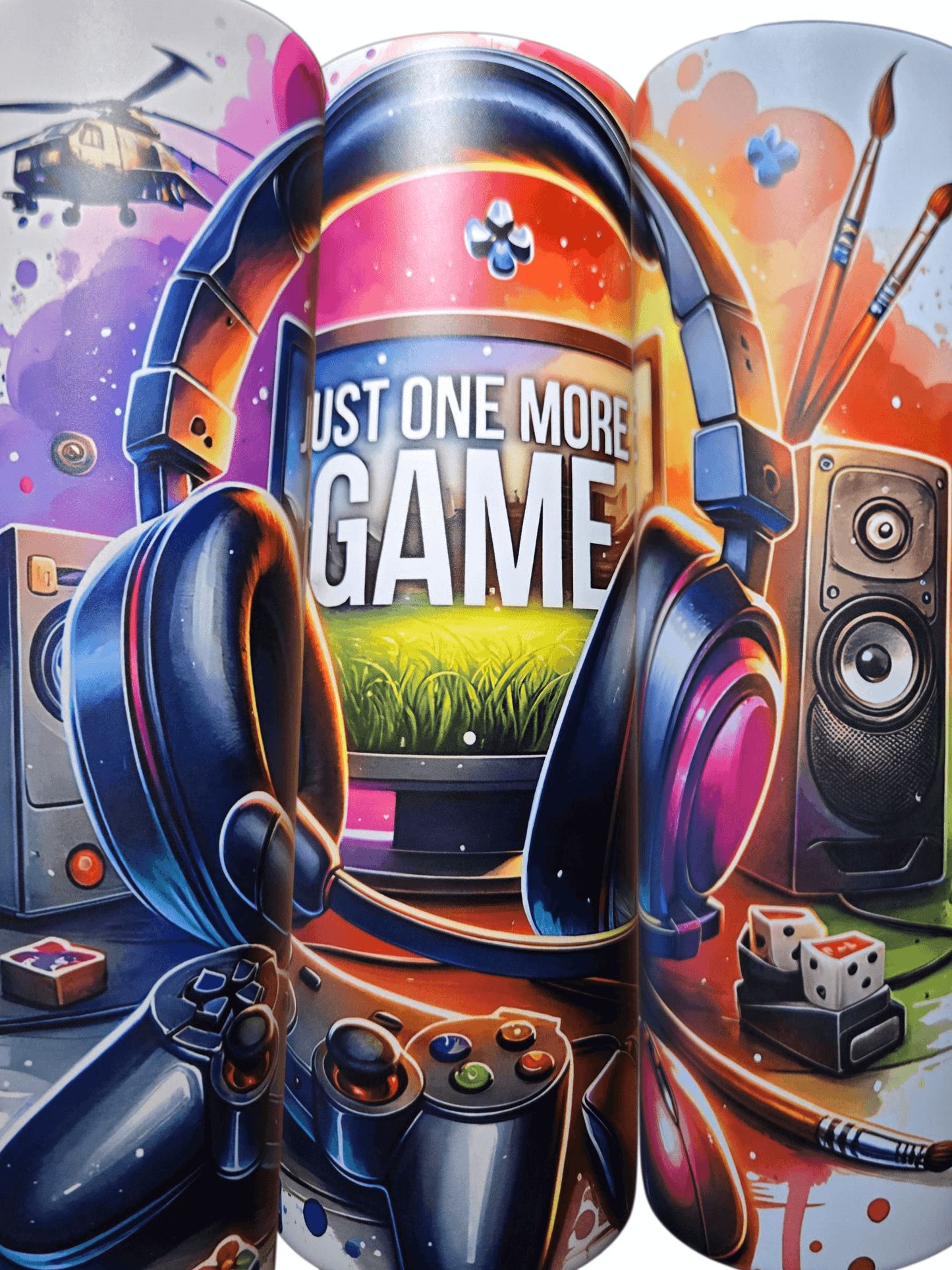 Gamer style custom 20oz tumbler cups featuring vibrant gaming artwork and the phrase 'Just One More Game'.