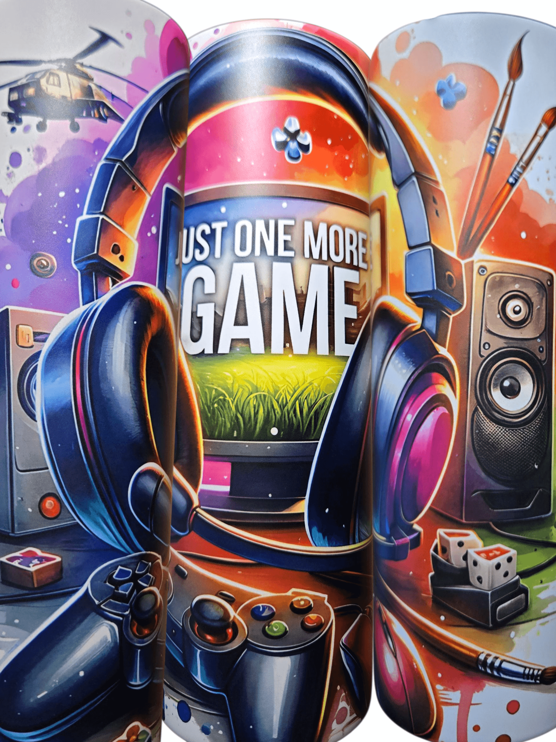 Gamer style custom 20oz tumbler cups featuring vibrant gaming artwork and the phrase 'Just One More Game'.