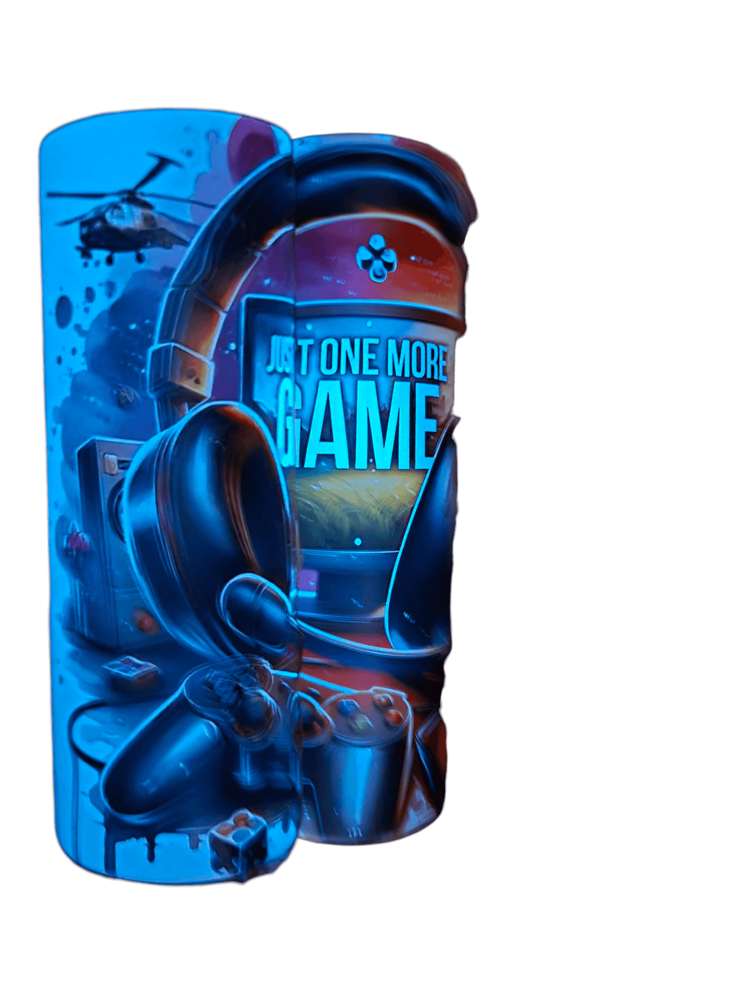 Gamer style custom 20oz tumbler cups featuring vibrant gaming design and headphones, perfect for hydration during gaming.