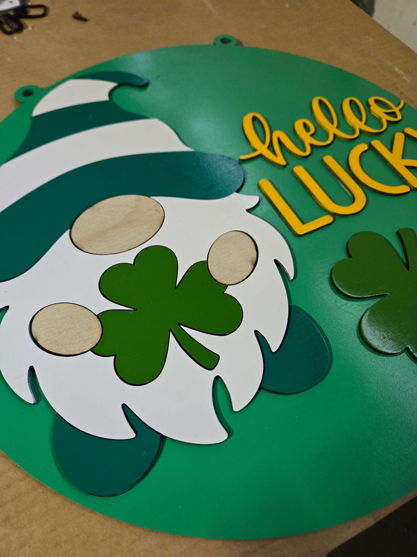 Hello lucky St. Patrick's Day gnome wooden sign with shamrock and vibrant colors