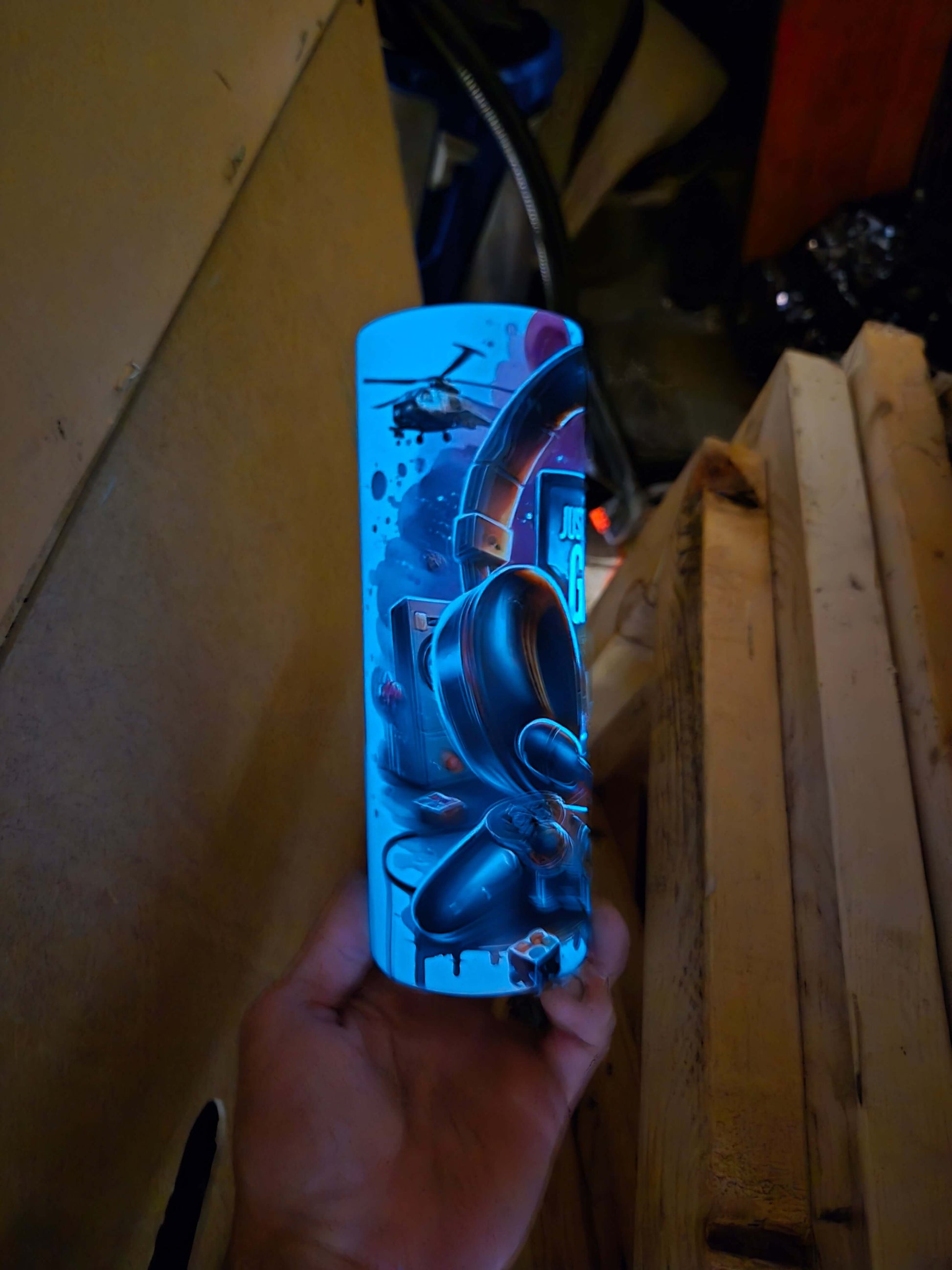 Gamer style custom 20oz tumbler cup with vibrant graphics, designed for hydration during gaming sessions.