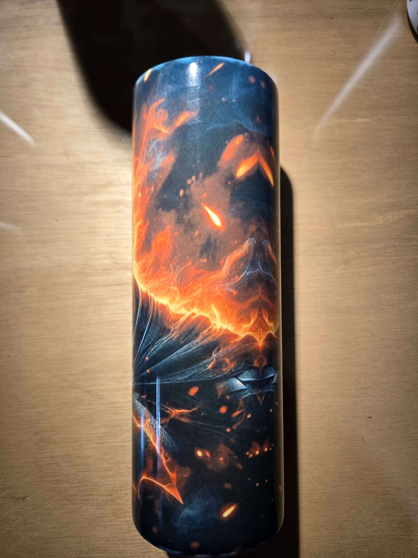 Batman 20oz tumbler cup featuring a bold design with fiery orange and dark colors, perfect for superhero fans.