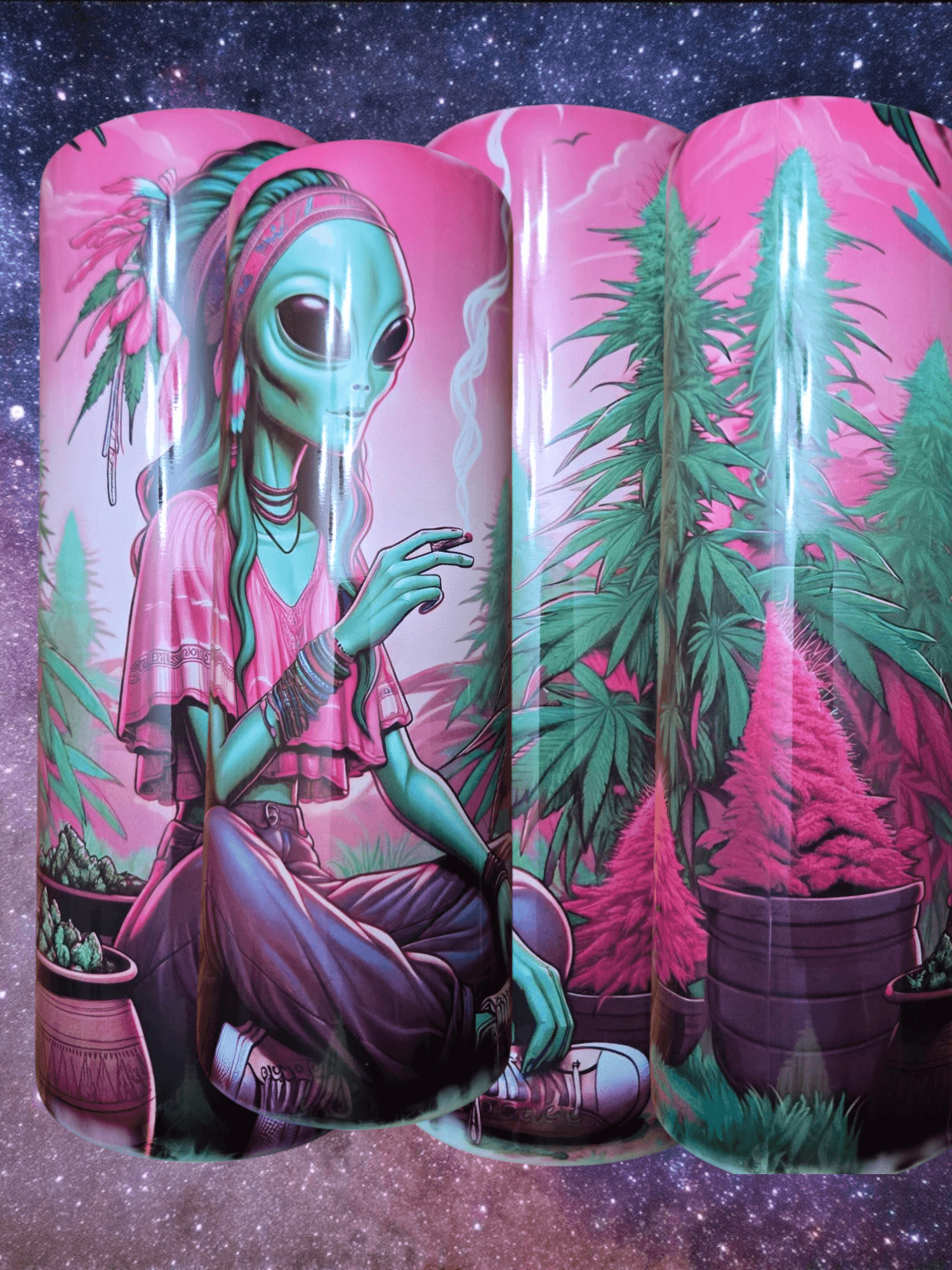 Colorful alien hippie design on 20oz tumbler, showcasing vibrant smoking culture and stylish aesthetic.