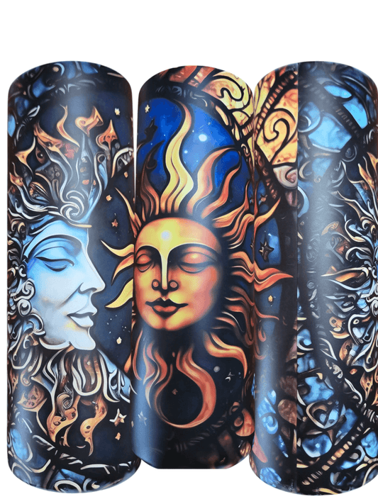 Colorful sun and moon tumbler cups featuring intricate designs and celestial motifs.