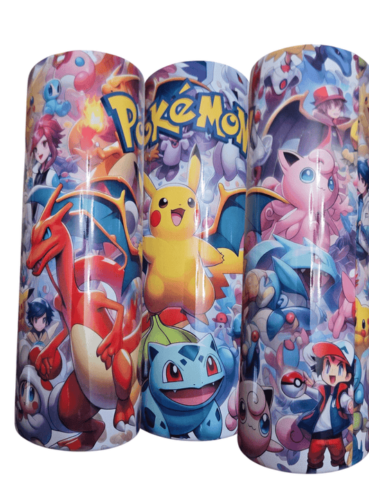 Colorful Pokémon tumbler cups featuring iconic characters like Pikachu and Charizard, perfect for trainers.