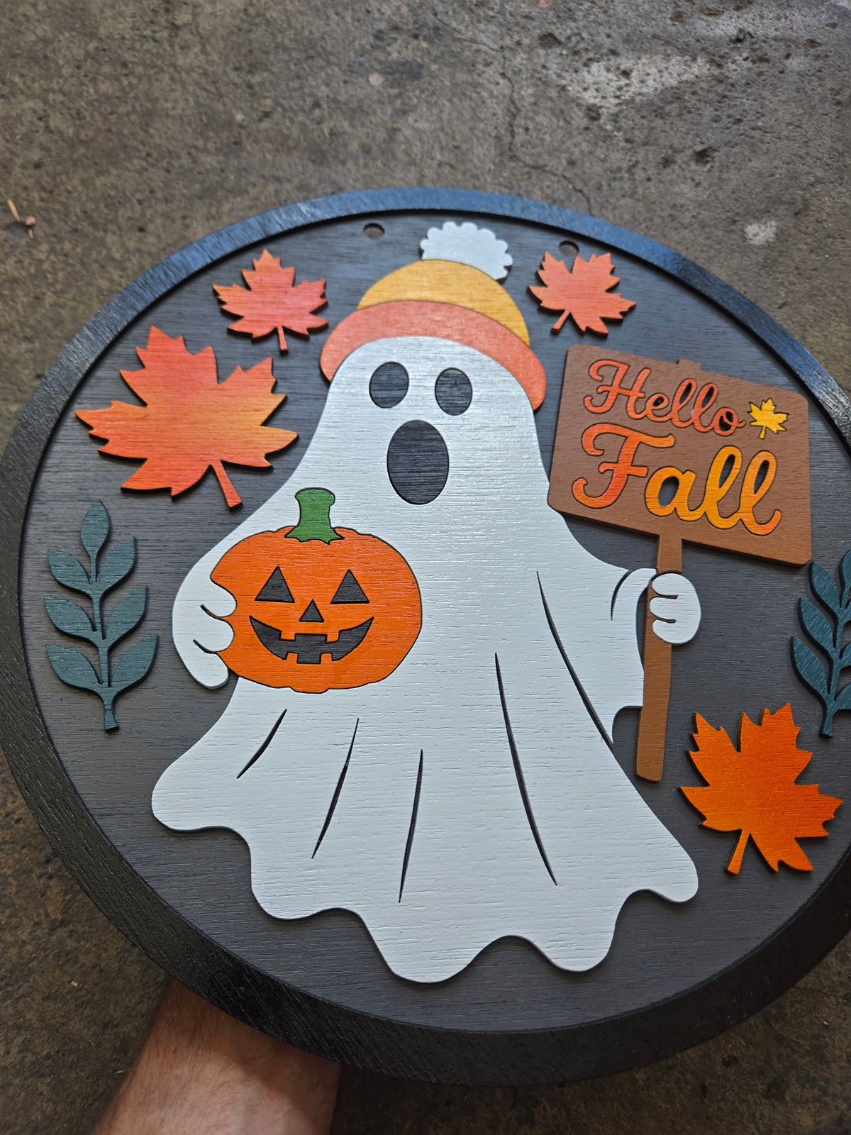 Hello fall ghost  wooden decor  sign.