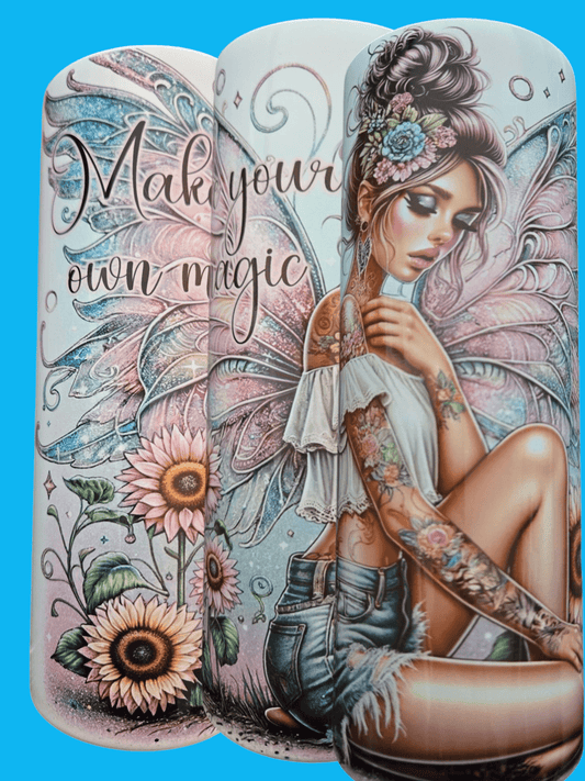 Stylish 20oz tumbler cups featuring a fairy design and 'Make your own magic' text, perfect for on-the-go drinks.