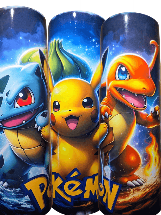 Colorful Pokémon tumbler cups featuring Pikachu, Charizard, and Squirtle for kids.