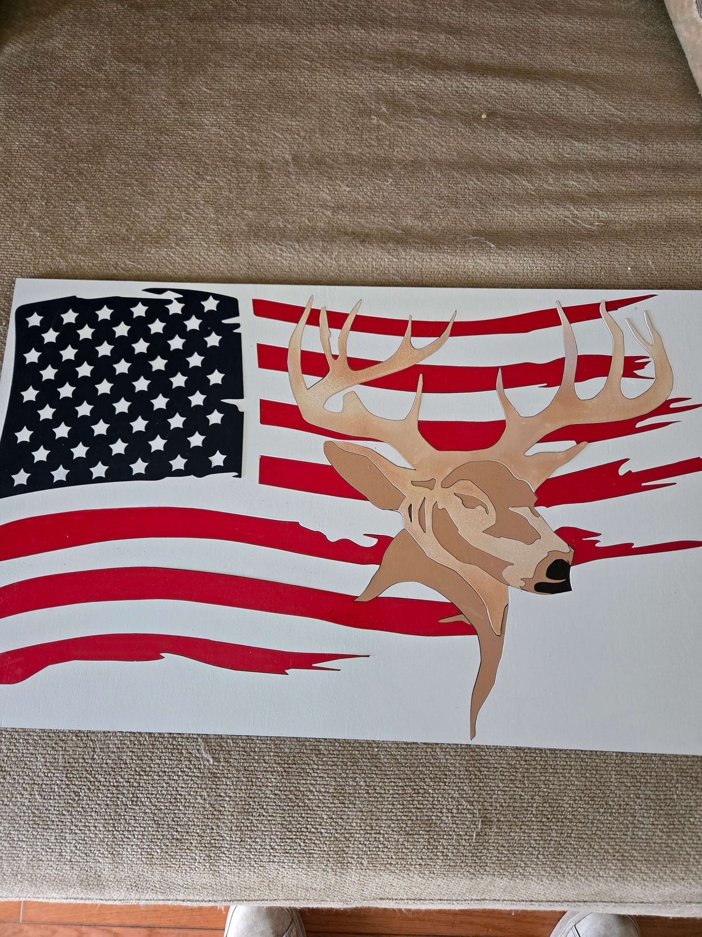 Deer Charming Wooden Deer Sign with American Flag Design