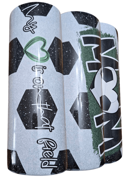Soccer mom boss mom 20 oz tumbler cups featuring soccer motifs and stylish designs.