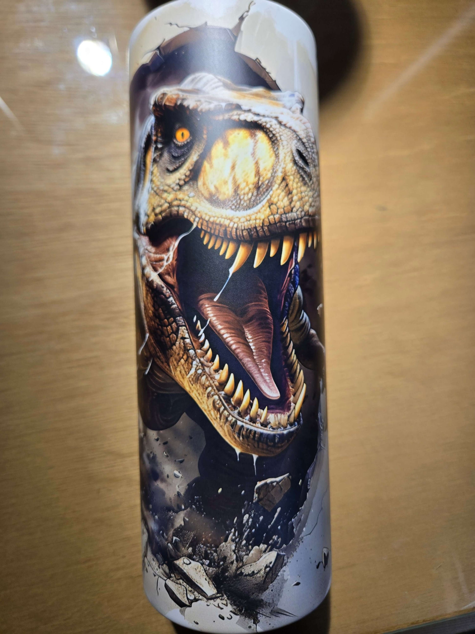 T-Rex glow in the dark tumbler cup featuring a fierce dinosaur design for fun, hydration, and style.