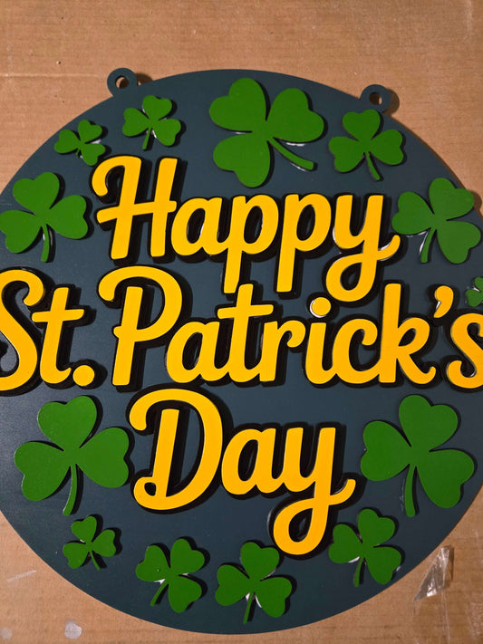 Happy St. Patrick's Day wooden sign adorned with green shamrocks for festive decor.
