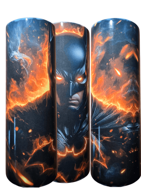 Batman 20oz tumbler cup showcasing a striking design with fiery orange and bold character graphics.