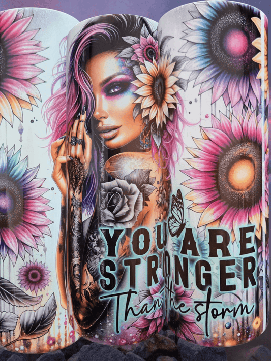 You Are Stronger tumbler design with vibrant floral artwork, inspirational message, and striking graphics.