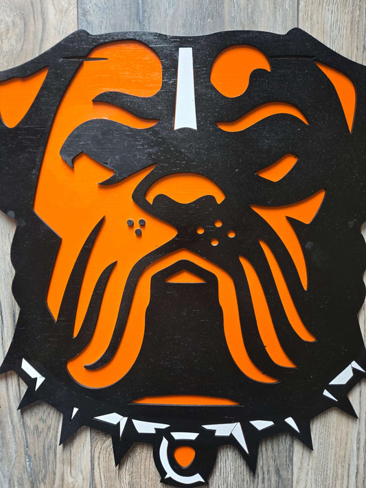 Cleveland Browns dog decor sign featuring a bold wooden design in orange and black colors.